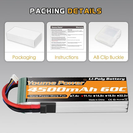 Youme 11.1V Lipo Battery 4500mAh,3S RC Lipo Batteries 60C Tr Plug for 1/10 RC Car/Truck/Truggy,RC Airplane Quadcopter Drone Helicopter Boat Models(2 Packs)