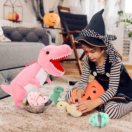 MorisMos Dinosaur Stuffed Animal with Babies,23.6'' Big Mommy Stuffed Dino T-rex with 3 Baby Dino Stuffed Toys & 3 Eggs Plush Inside Belly, Boy Girl Dinosaur Toys for Kids 3-5, Pink T-rex Toys Gift