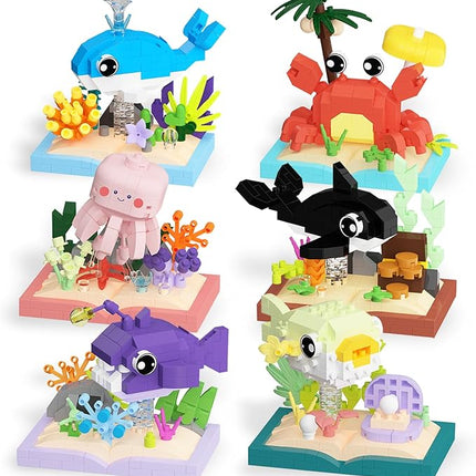 6 Packs Ocean Animals Building Blocks, Marine Life Building Set Toy, Mini Party Favors for Birthday Party Gifts，Goodie Bags Stuffers for Ages Boys Girls