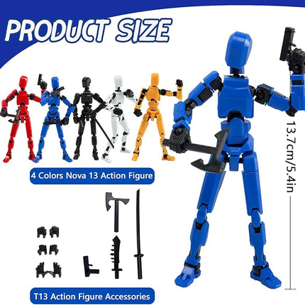 4PCS Assembled Titan T-13 Action Figures Set - Robot Action Figure Fidget Toys for Boys Lucky Dummy Nova N13 Anime Figures with Multi Movable Joints Toys for Kids (Golden+White+Blue+Black)