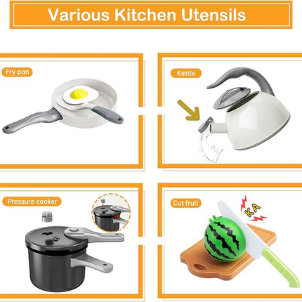 130Pcs Kitchen Playset, Toddler Pretend Cooking Play Pots, Pans, Utensils Cookware, Daily Food Fruit Veges, Shopping Storage Basket, Dessert, Prop Money, Learning Gift for Child (White)