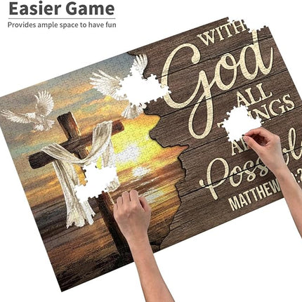 Christian Jigsaw Puzzles 1000 Pieces for Adults, Ocean Cross & Matthew 19:26 with God All Things are Possible, Inspirational Beach-Themed Wooden Puzzle, Faith-Based Gift