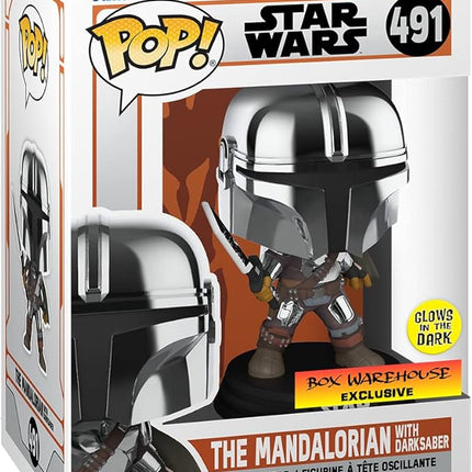 POP Funko Star Wars Mandalorian with Darksaber (Chrome & Glow in The Dark), Exclusive