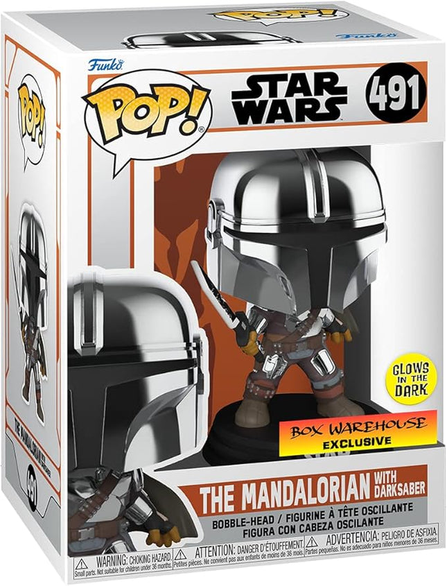 POP Funko Star Wars Mandalorian with Darksaber (Chrome & Glow in The Dark), Exclusive