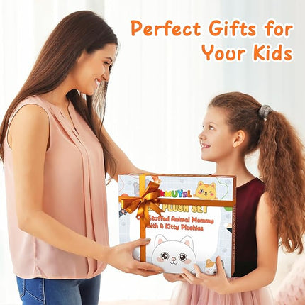 KMUYSL Cat Stuffed Animals Toys for Ages 0 1 2 3 4 5 6 7 8+ Years Old Kids - Mommy Cat with 4 Baby Kitty in Her Tummy, Idea Xmas Birthday Gifts for Baby, Toddler, Girls, Boys