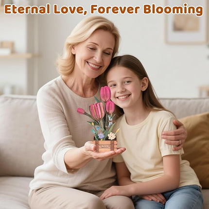 3D Wooden Flower Puzzles for Adults Pink Tulip, DIY Artificial Flower Building Set Wooden Bloom Craft Kits Home Decoration, for Women Mom Birthday Thanksgiving Christmas Valentine's Day