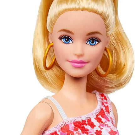 Barbie Fashionistas Doll #205 with Blonde Ponytail Wearing Removable Pink & Red Floral Dress, Platform Sandals & Hoop Earrings