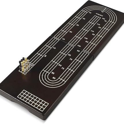 15.5'' Cribbage Board Game Set with Magnetic Lock, Folding Wooden Continuous 3 Track Scoreboard with Large Slots for Storing 1 Playing Cards and 9 Metal Pegs, Travel Game for Family Kid Adult