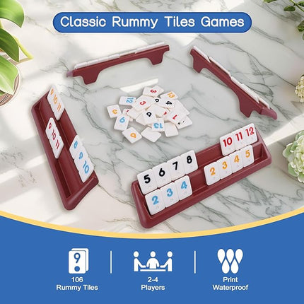 Offelec 106 Rummy Tiles Set with 4 Double Tile Holders - Compact Travel Size Rummy Cube Games, Classic Rummy Game for Adults, Kids & Family Game Night - 2-4 Players Board Games ﻿