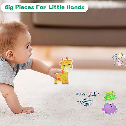 FLYINGSEEDS 6 Packs Safari Animals Shaped Wooden Jigsaw Puzzles for Toddlers Ages 1-3, Level-up Puzzles for Beginner, Montessori Learning Toys Preschool Educational Activity for Kids Ages 2-5