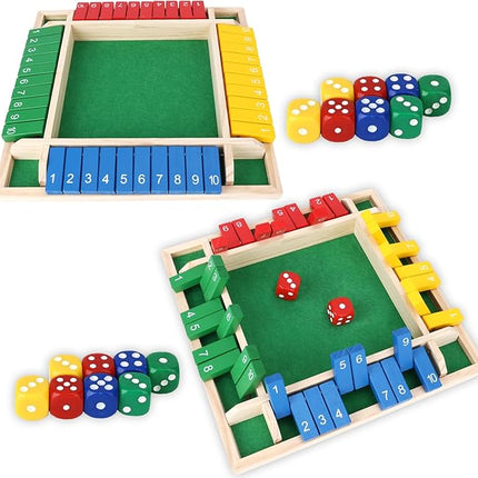 2 Pcs Shut The Box Game Wooden, Close Shut The Box Game for 2-4 Player Adults, Math Sequence Dice Plunder Board Games with 16 Dice, 4-Sided 10 Number Table Games for Family Classroom Home Party Pub