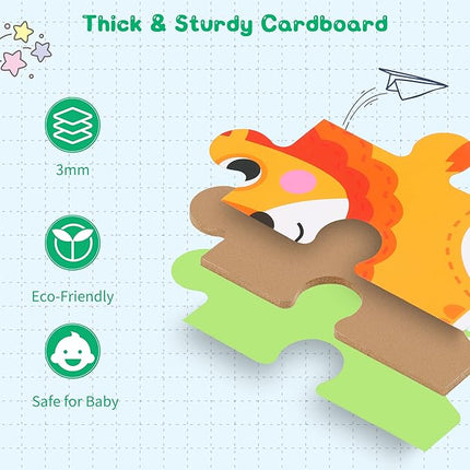 FLYINGSEEDS 6 Packs Safari Animals Shaped Wooden Jigsaw Puzzles for Toddlers Ages 1-3, Level-up Puzzles for Beginner, Montessori Learning Toys Preschool Educational Activity for Kids Ages 2-5