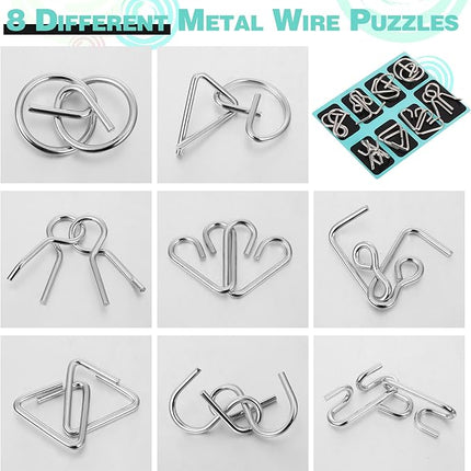Yilloog Metal Wire Puzzle Set of 8 with Pouch, Brain Teaser Puzzles IQ Test Ring Disentanglement Unlock Interlock Game Trick Metal for Party Favor Challenge(B Style)