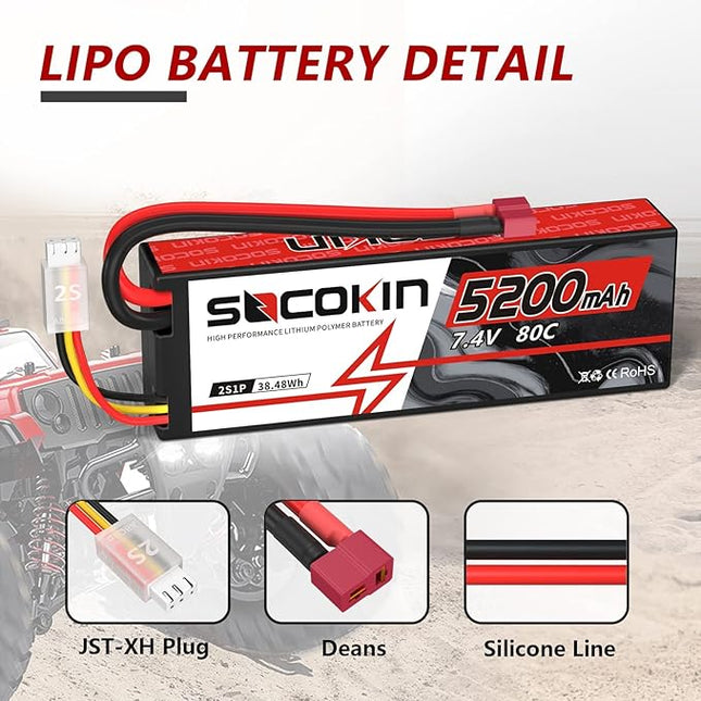 2S 5200mAh 80C 7.4V Lipo Battery with Hard Case T-Plug for RC Evader BX Car Buggy Boat Drones 1/10 Scale Racing Truck Racing Heli Airplane
