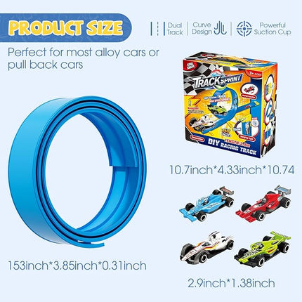 13 Ft Flexible Race Car Track Compatible with Hot Wheels and Diecast 1:64th Cars,Classic Long Rolls Up Portable Racetrack Roll Up Race Track, Birthday Gifts for Boys Girls Ages 3-12, Blue