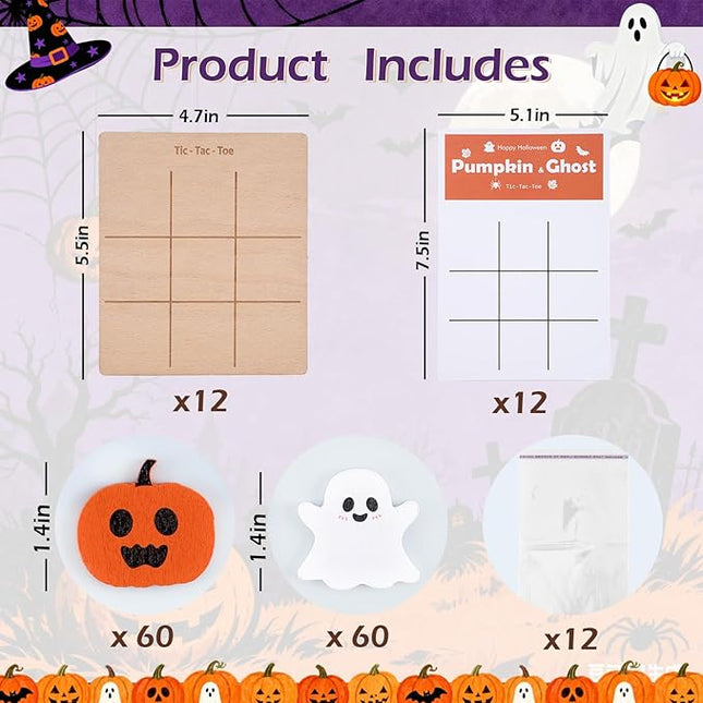 12Pcs Halloween Tic Tac Toe Board Game, Mini Wooden Tic Tac Toe Strategic Board Game with Cute Pumpkin, Ghost Pieces and Cards for Non Candy Halloween Treats Gift Party Prizes Family Activities
