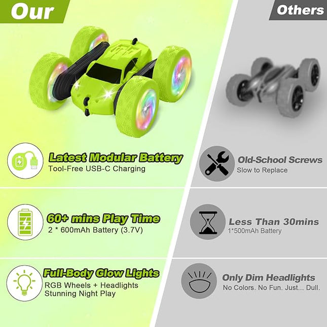 Remote Control Car, Stunt RC Cars, 2.4GHz Double Sided 360° Flips RC Crawler, Outdoor Toys for Kids Ages 4-8, Upgraded USB-C Modular Battery, 5 6 7 8 9 10 +Year Old Boys Birthday Gifts Green