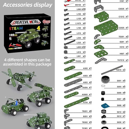 Metal Building Military Series Assembly Toys,Small Construction Set for Kids Ages 4-8, Military Toys for Boys Age 8-12,STEM Toy Gifts for Model Army Kit(166pcs No Motor)