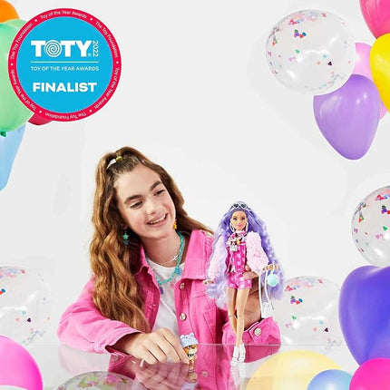 Barbie Extra Doll & Accessories with Long Periwinkle Hair, Teddy Bear-Print Denim Jacket, Matching Shorts & Pet Puppy