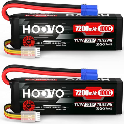 HOOVO 3S 11.1V LiPo Battery 7200mAh 100C RC Battery Softcase EC5 Plug for 1/10 & 1/8 Scale Vehicles VXL RC Cars Boats Planes Drones.