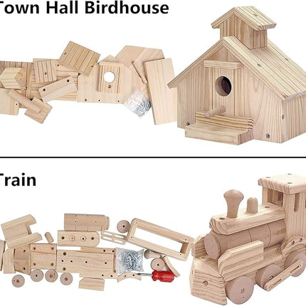 Kraftic Woodworking Building Kit for Kids and Adults, 2 Educational DIY Carpentry Construction Wood Model Kit Toy Projects for Boys and Girls - Build a Wooden Town Hall Birdhouse and Train