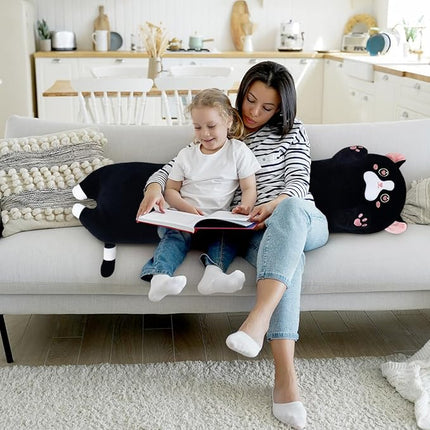 Long Plush Toy Cat Pillow Cute Plush Cat Toy Doll Stuffed Animal Cat Hugging Pillow for Sleeping Gift for Kids and Girls(Black&Pink,110cm/43.3in)