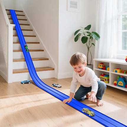 KETIEE Flex Tracks 16Ft for Kids: Flexible Race Car Ramp Track with 4 Small Racecars and 8 Suction Cups Compatible with Hot Wheels and Diecast 1/64th Cars, Rolls Up Portable Racetrack for Ages 3 & Up
