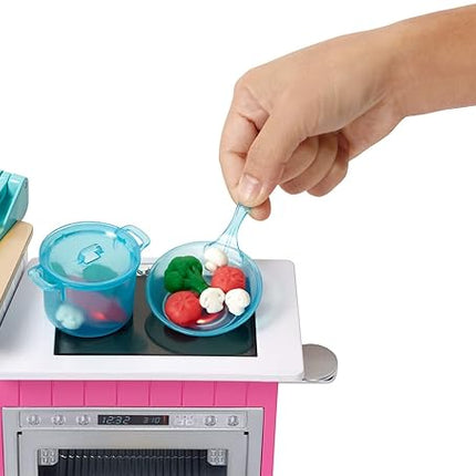 Barbie Kitchen Playset with Doll, Lights & Sounds, Food Molds, 5 Dough Colors and 20+ Accessories
