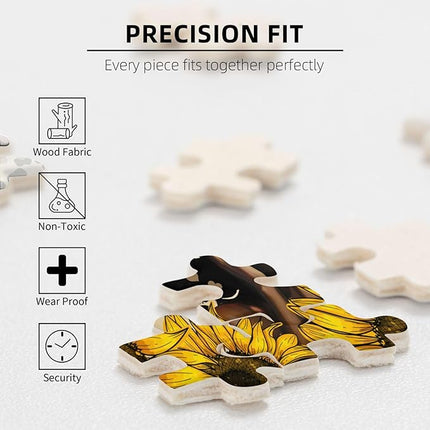 African American Jigsaw Puzzles 500 Pieces for Adults, Sunflower & Leopard Print Art, Black Woman Wooden Puzzle for Stress Relief, Challenging Brain Teaser & Home Decor