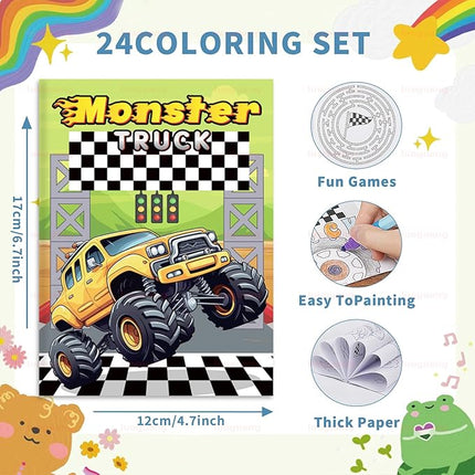 BenLouis 24 Pcs Monster Truck Mini Coloring Books Kids Monster Car Party Favors Small Activity Books Bulk for Kids Monster Truck Birthday Goodie Bags Stuffers Return Gifts Classroom Travel