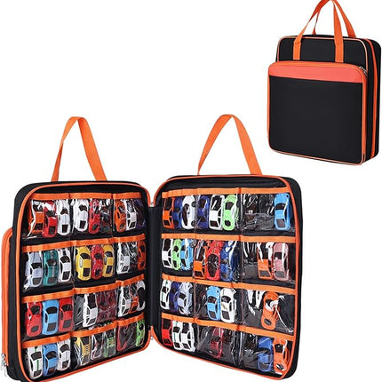 Toy Cars Carrying Case Compatible with Hot Wheels, Portable Car Toy Storage Bag for 1/64 Scale Toy Cars, Matchbox Cars, Dolls, Mini Toys, Storage Bag Only (Orange)