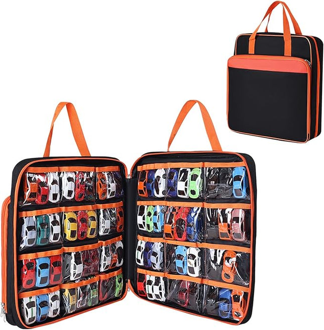 Toy Cars Carrying Case Compatible with Hot Wheels, Portable Car Toy Storage Bag for 1/64 Scale Toy Cars, Matchbox Cars, Dolls, Mini Toys, Storage Bag Only (Orange)
