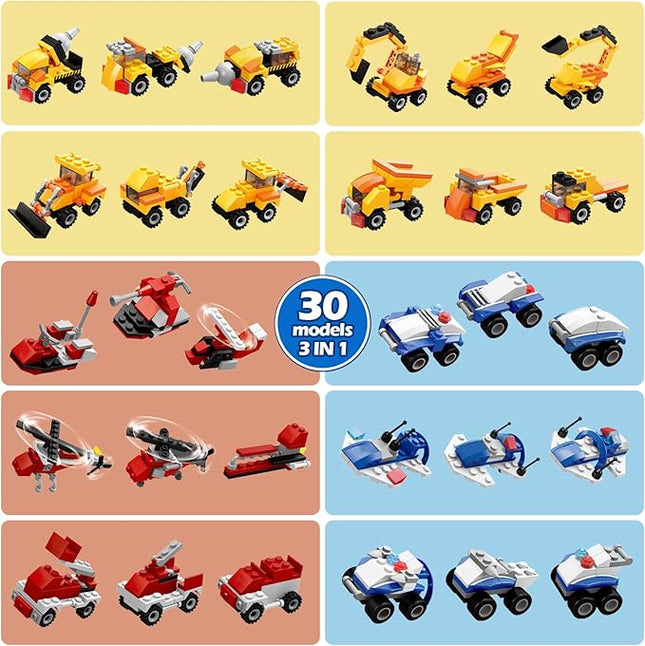 30 Packs Party Favors for Kids - 3 in 1 Mini Cars Building Blocks Toy Include Fire Truck, City Police Car, Construction Vehicle for Classroom Prizes, Christmas Birthday Gift for Boys 6-12