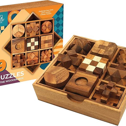 BSIRI 9 in 1 Wooden Brain Teaser Puzzles for Adults Teens and Kids Box Set for All Ages Wood Hard Level 10 Impossible Mind Wood Brain Teaser Games 3D Hand Puzzle Sets for Decoration and Mini Toys