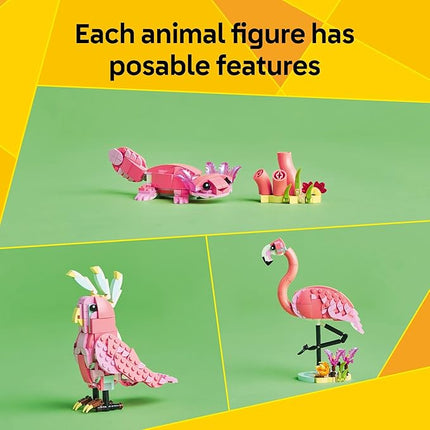 LEGO Creator 3 in 1 Wild Animals: Pink Flamingo Animal Building Toy - Includes 3 Building Options, Pink Flamingo, Cockatoo, or Axolotl - Learning Toy for Kids, Girls, and Boys, Ages 8+ - 31170