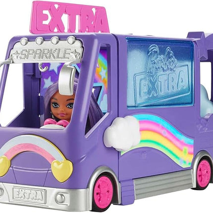 Barbie Extra Mini Minis Doll & Toy Vehicle Playset, Expandable Tour Bus with 3.25-inch Small Doll, Clothes & Accessories