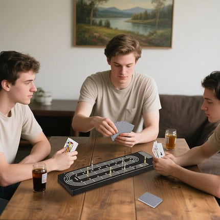 15.5'' Cribbage Board Game Set with Magnetic Lock, Folding Wooden Continuous 3 Track Scoreboard with Large Slots for Storing 1 Playing Cards and 9 Metal Pegs, Travel Game for Family Kid Adult