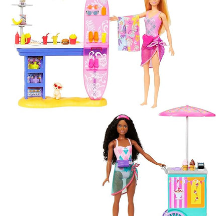 Barbie Playset & 2 Dolls with 20+ Accessories, Beach Boardwalk Set Includes Snack Stand, Ice Cream Kiosk, Puppy & Themed Pieces