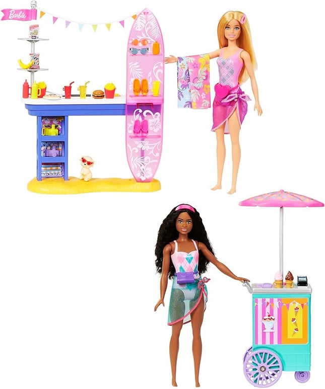 Barbie Playset & 2 Dolls with 20+ Accessories, Beach Boardwalk Set Includes Snack Stand, Ice Cream Kiosk, Puppy & Themed Pieces
