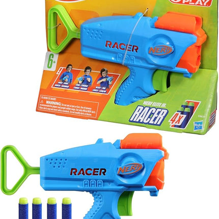 NERF Elite Junior Racer Easy Play Dart Blaster, 4 Nerf Elite Darts, Nerf Blaster Outdoor Toys, for Kids, Ages 6+
