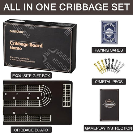 15.5'' Cribbage Board Game Set with Magnetic Lock, Folding Wooden Continuous 3 Track Scoreboard with Large Slots for Storing 1 Playing Cards and 9 Metal Pegs, Travel Game for Family Kid Adult