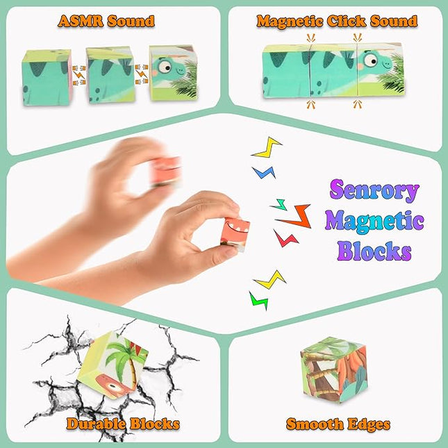 ritastar Magnetic Blocks Building Toy, 25pcs Mine Stacking Magnet Build Cubes Cartoon Pattern World,STEM Sensory Construction Toys for Kids Gift,Educational Jigsaw Puzzle Set with 3D Dinosaur Designs