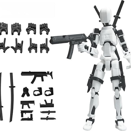 Pre-Assembly 3D Printed 5.54'' Dummy13 Action Figure, Multi-Jointed Tian13, Articulated T13 Desktop Decoration,12 in 1 Accessories, Best Birthday Festival Gift (White Mix Black)