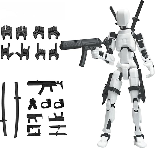 Pre-Assembly 3D Printed 5.54'' Dummy13 Action Figure, Multi-Jointed Tian13, Articulated T13 Desktop Decoration,12 in 1 Accessories, Best Birthday Festival Gift (White Mix Black)