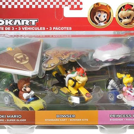 Hot Wheels Mario Kart Vehicle 3-Pack Set of Toy Cars with Gliders Inspired by Tanooki Mario, Princess Peach and Bowser