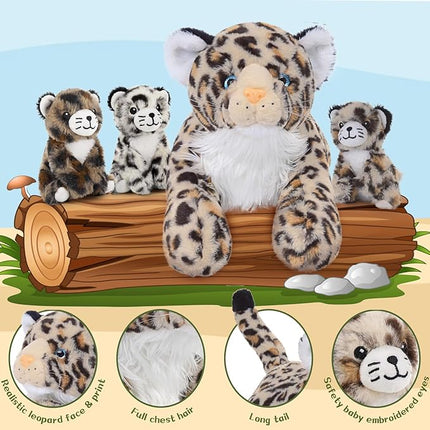 MorisMos Cheetah Stuffed Animal with Babies for Girl Kid,18'' Large Mommy Cheetah with Cub Plushies,Mama and Baby Leopard Stuffed Animal Plush Toys,Realistic Leopard Toy Gifts for Birthday Party Decor