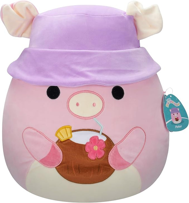 Squishmallows Original 16in Peter The Pig with Tropical Drink and Bucket Hat – Official Jazwares Plush (Large)