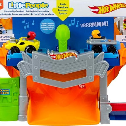 Fisher-Price Little People Hot Wheels Toddler Toy Race and Go Track Set with Lights Sounds & 2 Cars for Pretend Play Kids Ages 18+ Months