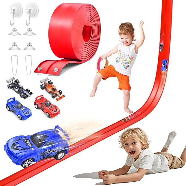 20 Ft Flexible Race Track Toys, Anti Gravity Car Track Set, Flex Race Car Ramp Track with Suction Cups - Rolls Up Portable DIY Race Track with 4 Racing Cars- Kids Race Car Track Toy (red)