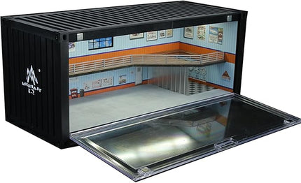 1:64 Scale Container Repair Shop Diorama with LED Lighting and Acrylic Cover – Model Car Garage for Hot Wheels, MiniGT, Matchbox – Workshop Display Case – 38.7x16.5x16.5 cm